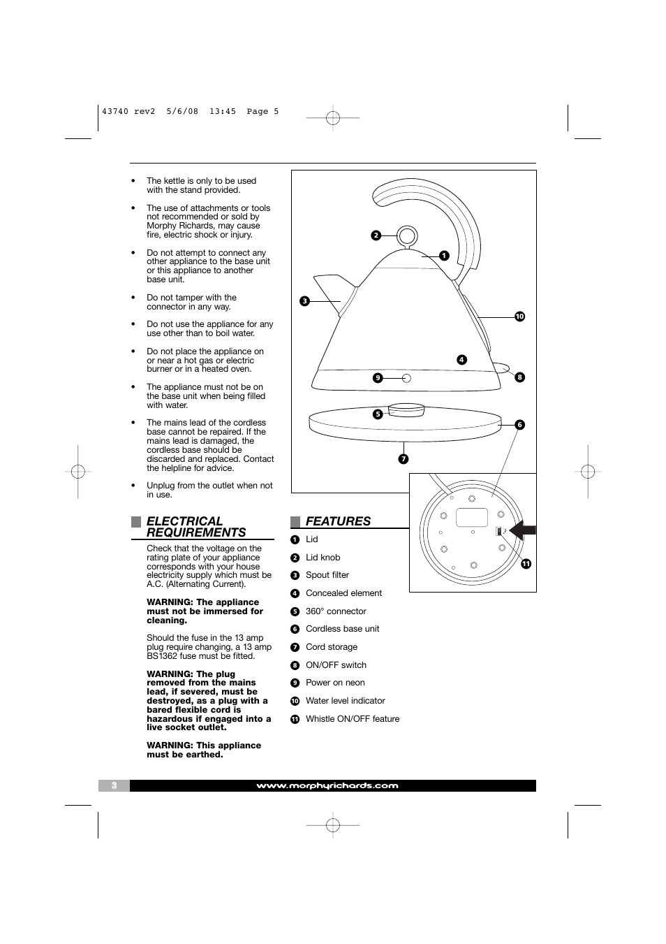 Electrical requirements, Features | Morphy Richards KT43740 User Manual | Page 5 / 6