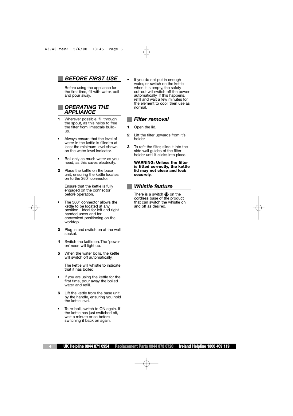 Before first use, Operating the appliance, Filter removal | Whistle feature | Morphy Richards KT43740 User Manual | Page 6 / 6