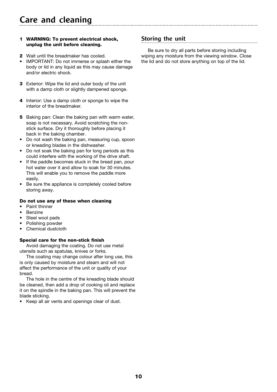 Care and cleaning, Storing the unit | Morphy Richards 4Stainless steel breadmaker User Manual | Page 10 / 26