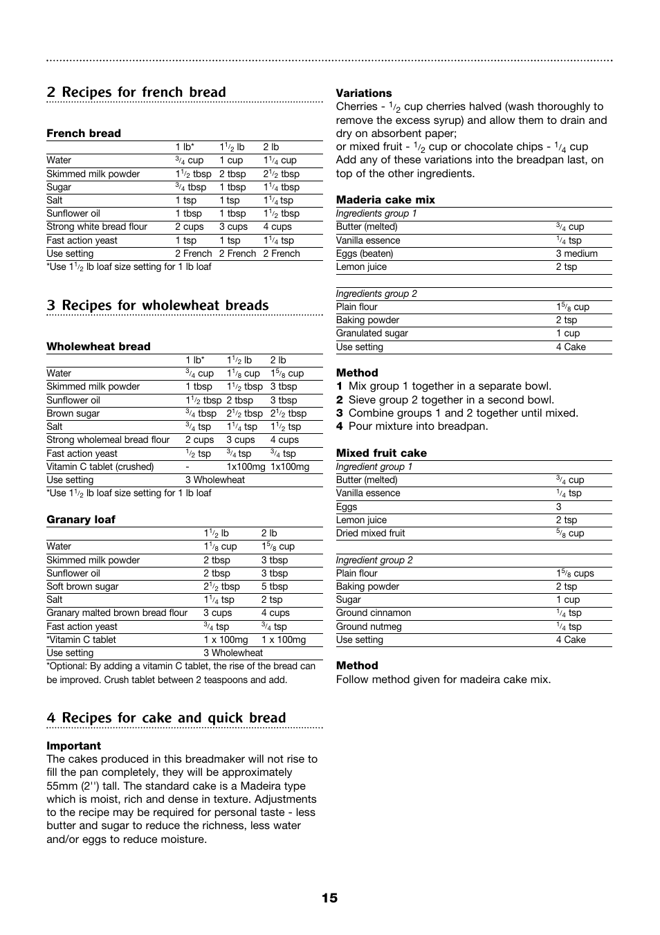 2 recipes for french bread, 3 recipes for wholewheat breads, 4 recipes for cake and quick bread | Morphy Richards 4Stainless steel breadmaker User Manual | Page 15 / 26