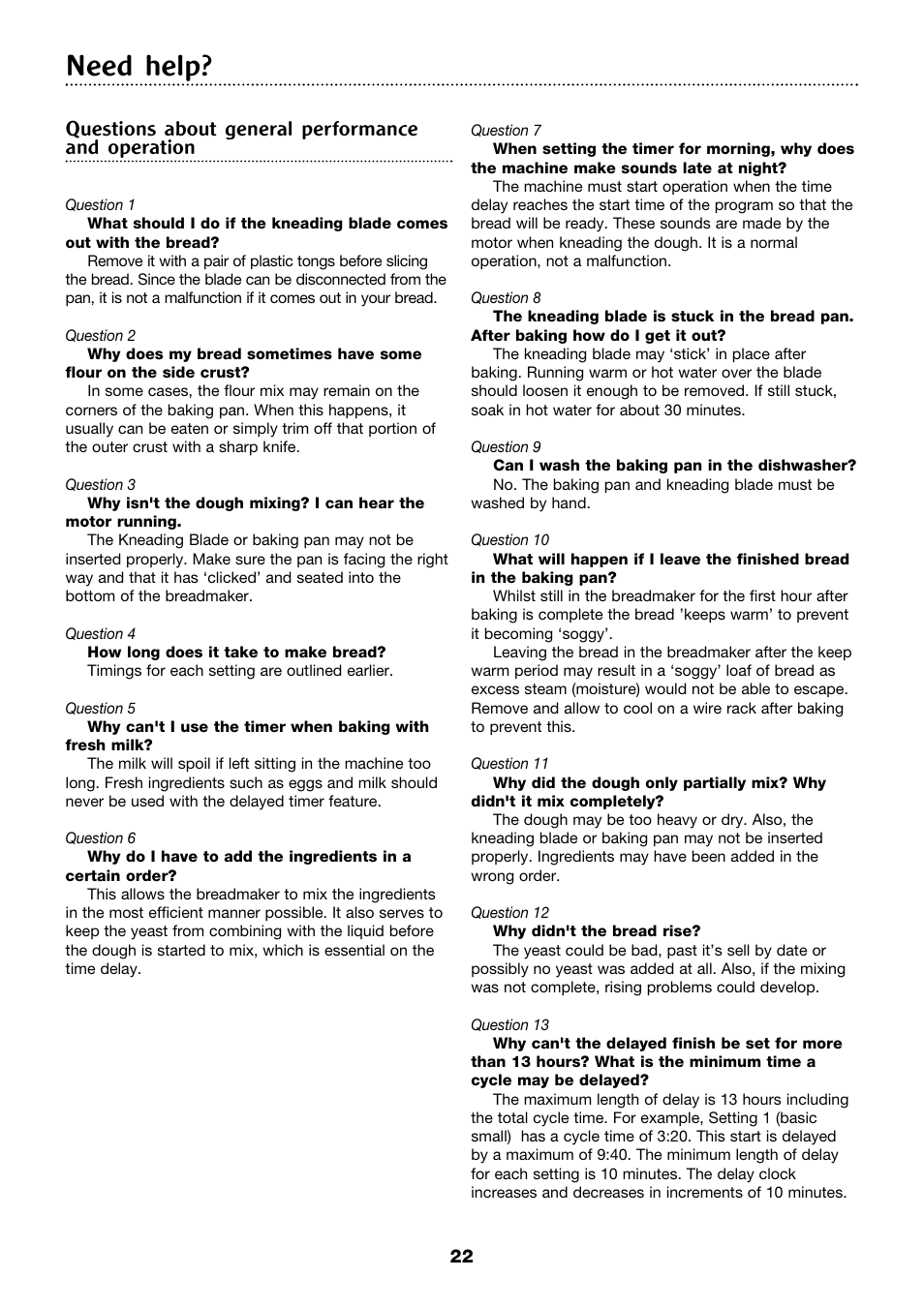 Need help, Questions about general performance and operation | Morphy Richards 4Stainless steel breadmaker User Manual | Page 22 / 26
