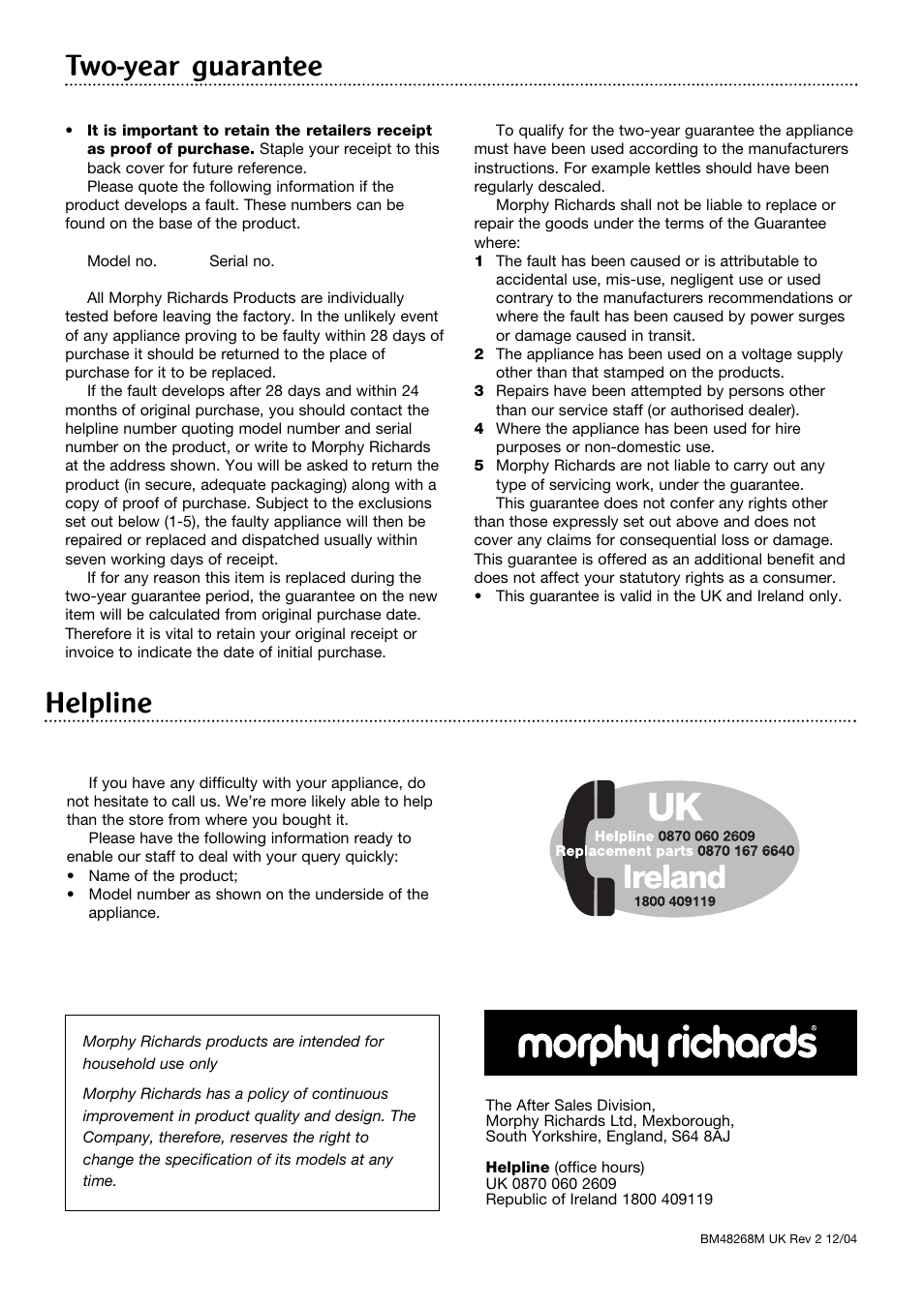 Two-year guarantee, Helpline | Morphy Richards 4Stainless steel breadmaker User Manual | Page 26 / 26