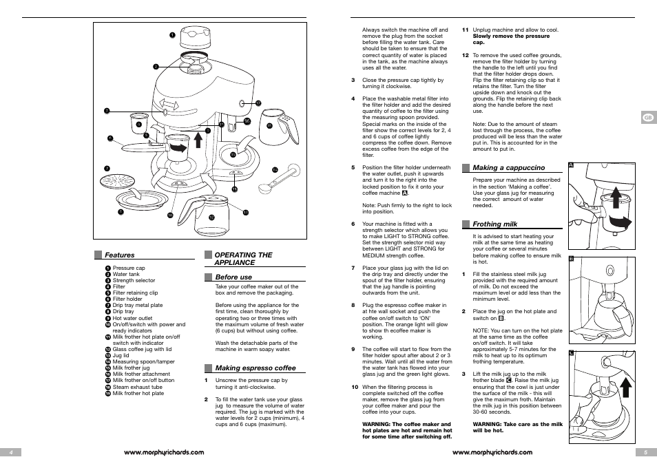 Morphy Richards Cappuccino Espresso coffee maker User Manual | Page 3 / 45