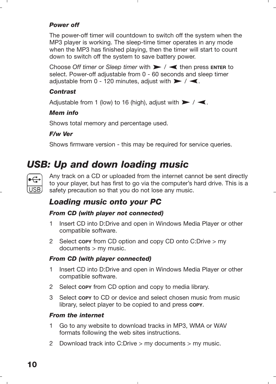 Usb: up and down loading music, Loading music onto your pc | Morphy Richards 29204 User Manual | Page 10 / 12