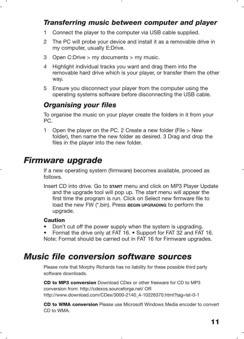 Firmware upgrade, Music file conversion software sources, 11 transferring music between computer and player | Organising your files | Morphy Richards 29204 User Manual | Page 11 / 12