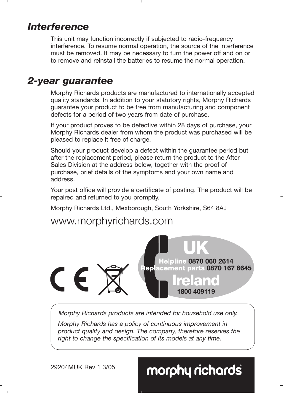 Interference, Year guarantee | Morphy Richards 29204 User Manual | Page 12 / 12