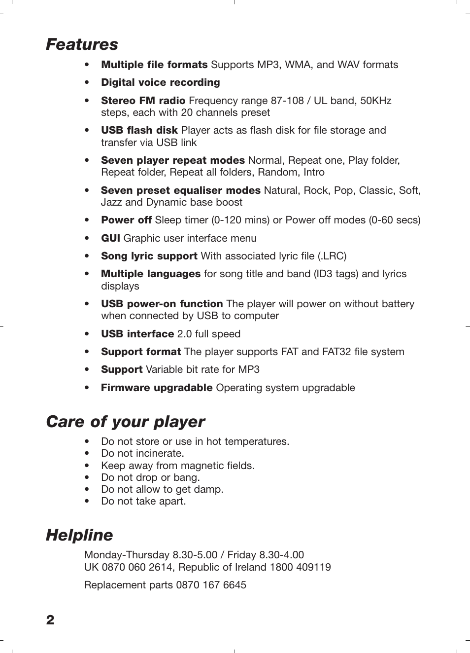Features, Care of your player, Helpline | Morphy Richards 29204 User Manual | Page 2 / 12