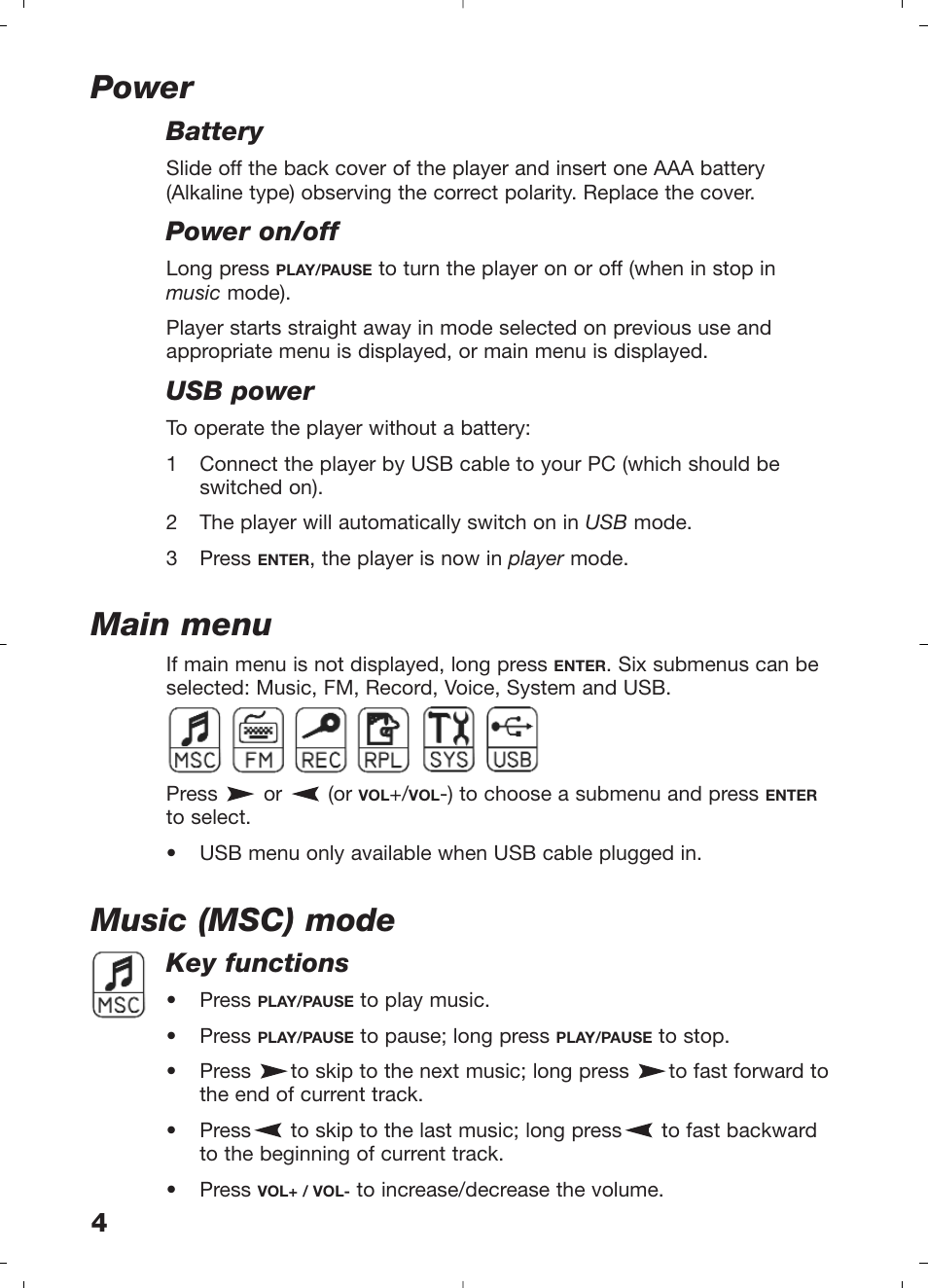 Power, Main menu, Music (msc) mode | Battery, Power on/off, Usb power, Key functions | Morphy Richards 29204 User Manual | Page 4 / 12