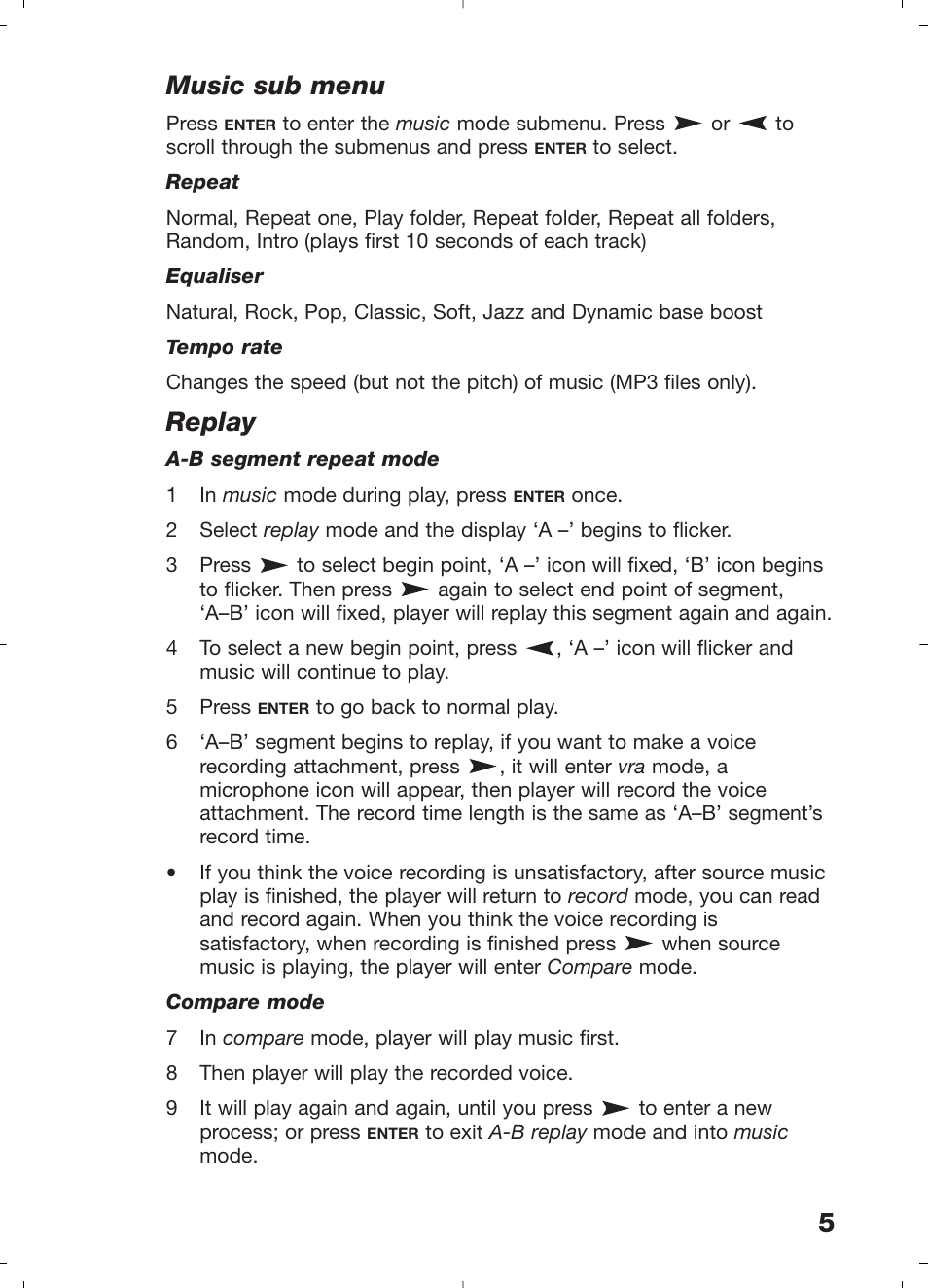5music sub menu, Replay | Morphy Richards 29204 User Manual | Page 5 / 12