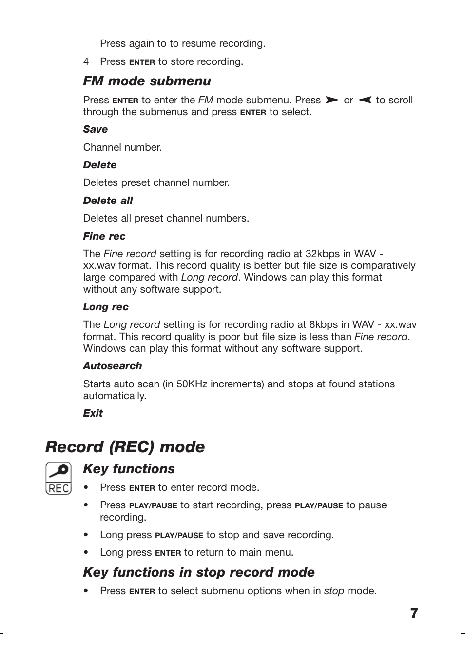 Record (rec) mode, Fm mode submenu, Key functions | Key functions in stop record mode | Morphy Richards 29204 User Manual | Page 7 / 12