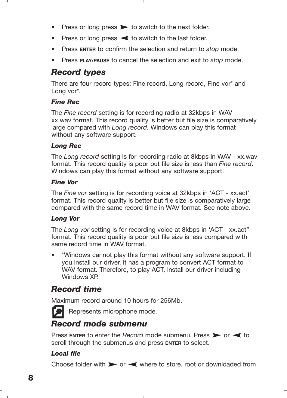 Record types, Record time, Record mode submenu | Morphy Richards 29204 User Manual | Page 8 / 12