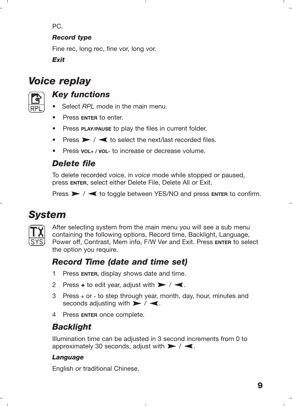 Voice replay, System, Key functions | Delete file, Record time (date and time set), Backlight | Morphy Richards 29204 User Manual | Page 9 / 12
