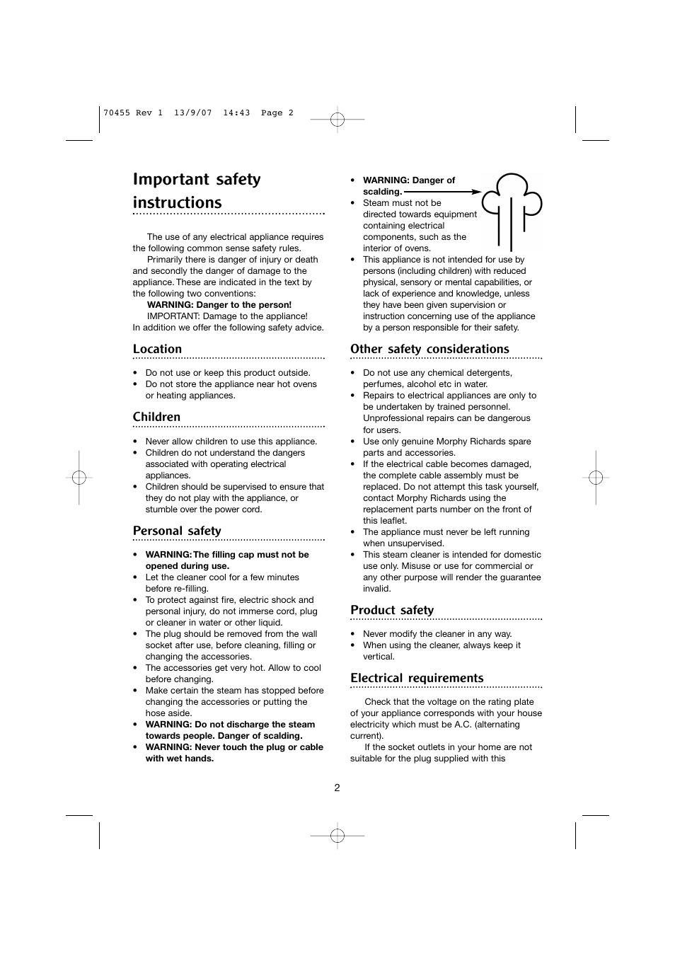 Important safety instructions, Location, Children | Personal safety, Other safety considerations, Product safety, Electrical requirements | Morphy Richards 70455 User Manual | Page 2 / 8