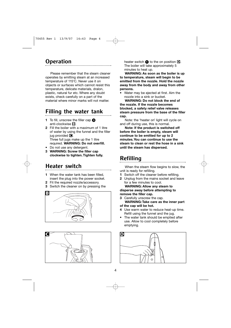 Operation, Filling the water tank, Heater switch | Refilling, Bc d | Morphy Richards 70455 User Manual | Page 4 / 8
