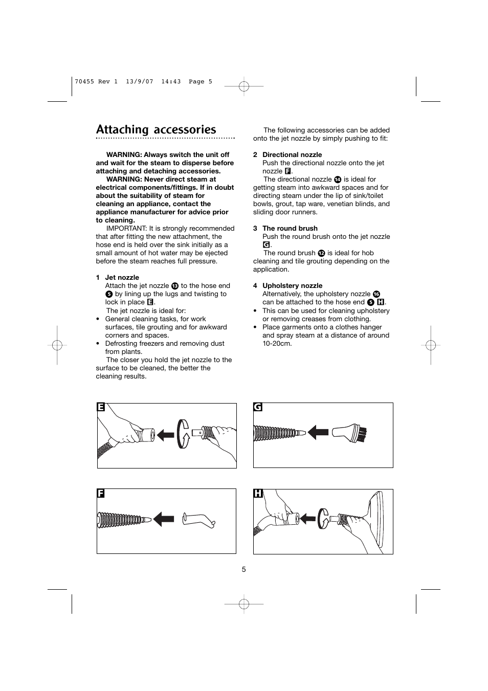 Attaching accessories, Ef g h | Morphy Richards 70455 User Manual | Page 5 / 8