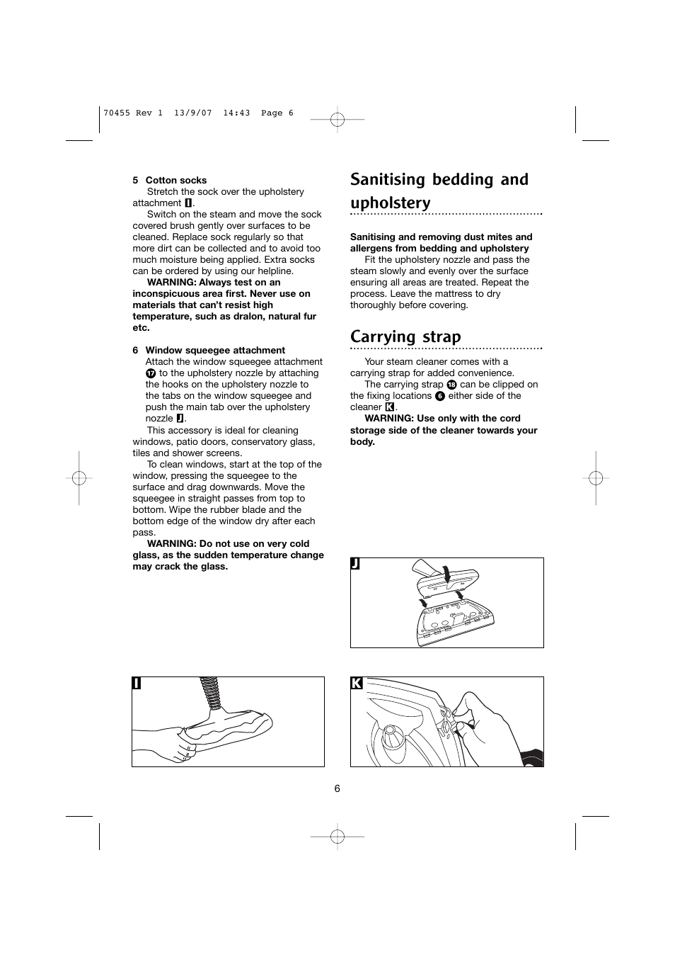 Sanitising bedding and upholstery, Carrying strap, Ji k | Morphy Richards 70455 User Manual | Page 6 / 8
