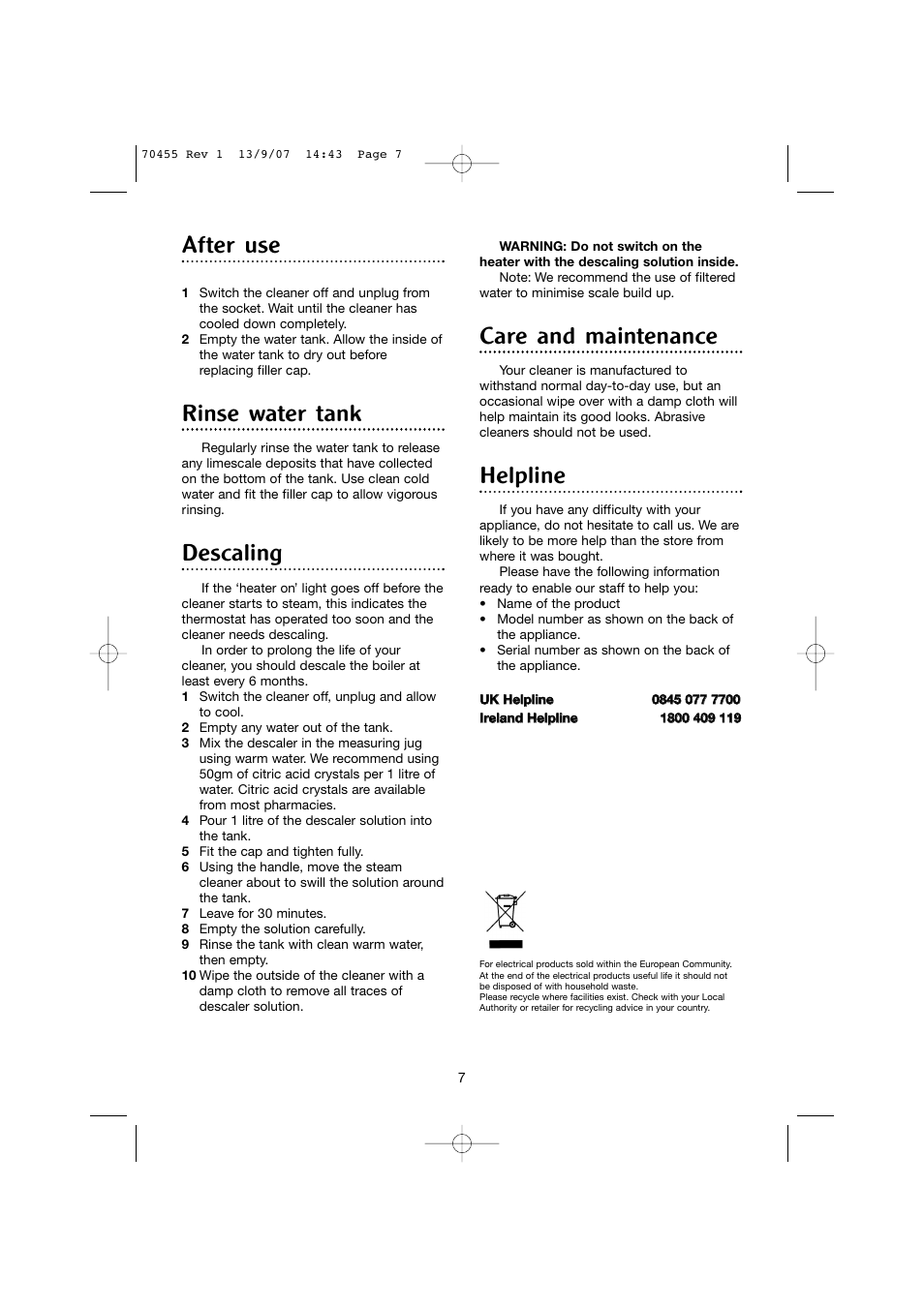 After use, Rinse water tank, Descaling | Care and maintenance, Helpline | Morphy Richards 70455 User Manual | Page 7 / 8