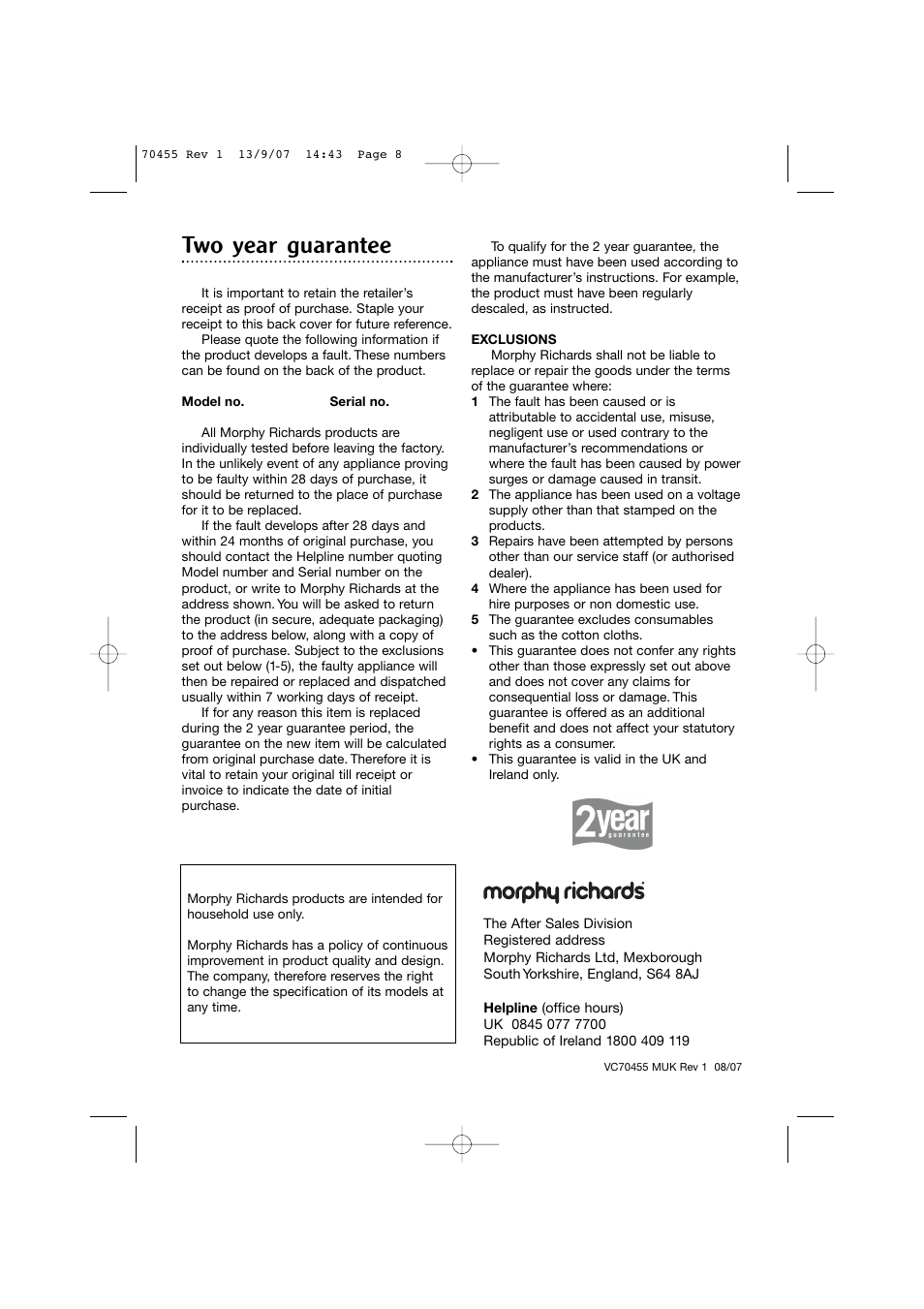 Two year guarantee | Morphy Richards 70455 User Manual | Page 8 / 8