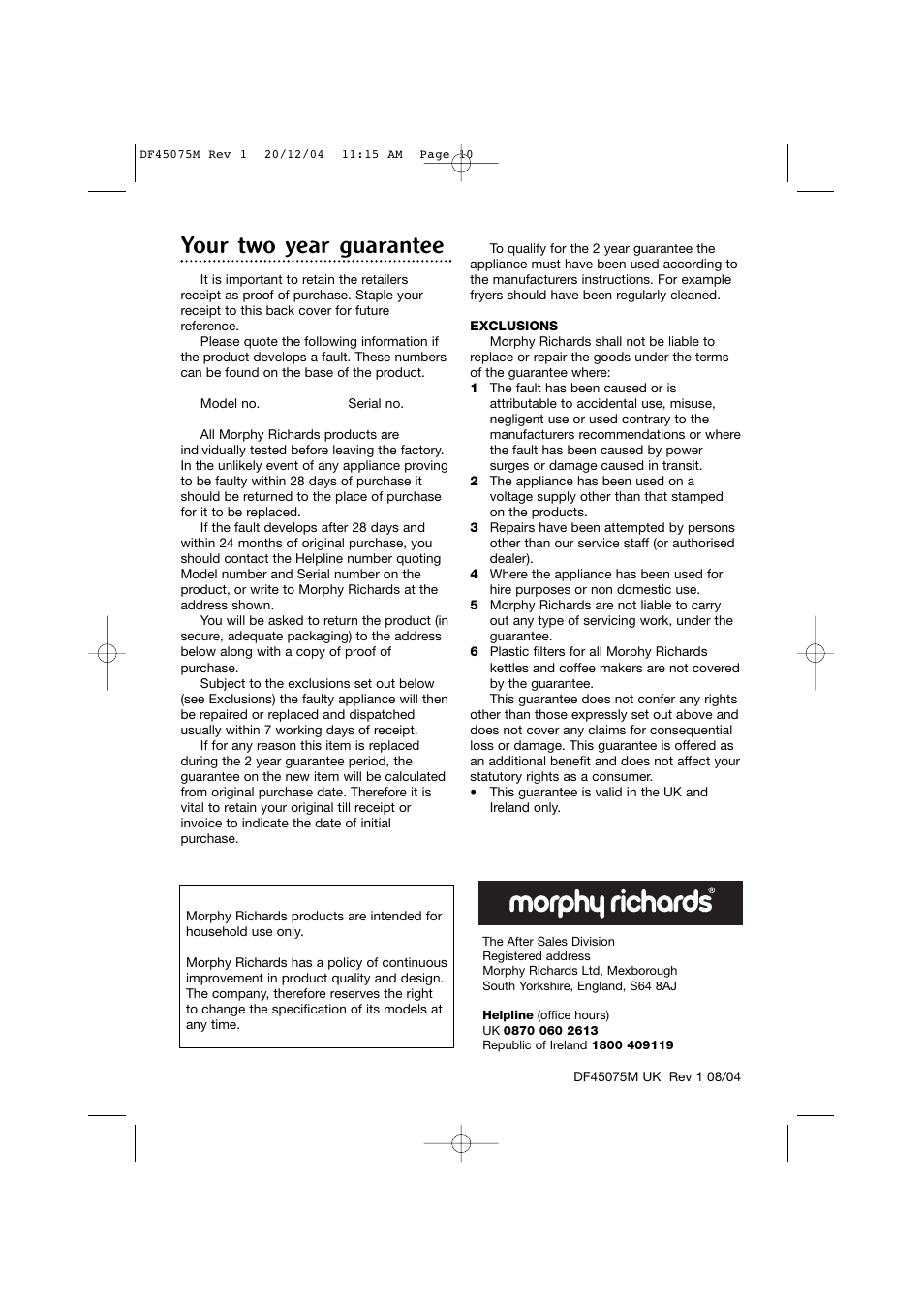 Your two year guarantee | Morphy Richards DF45075M User Manual | Page 10 / 10