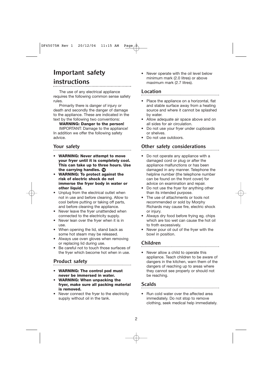 Important safety instructions, Your safety, Product safety | Location, Other safety considerations, Children, Scalds | Morphy Richards DF45075M User Manual | Page 2 / 10