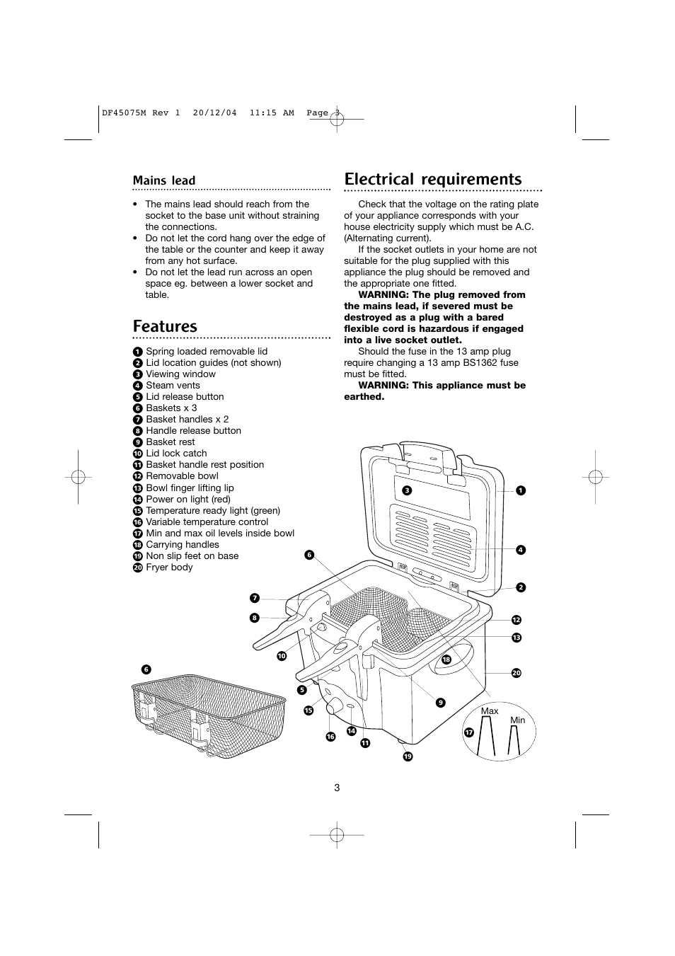 Features, Electrical requirements, Mains lead | Morphy Richards DF45075M User Manual | Page 3 / 10