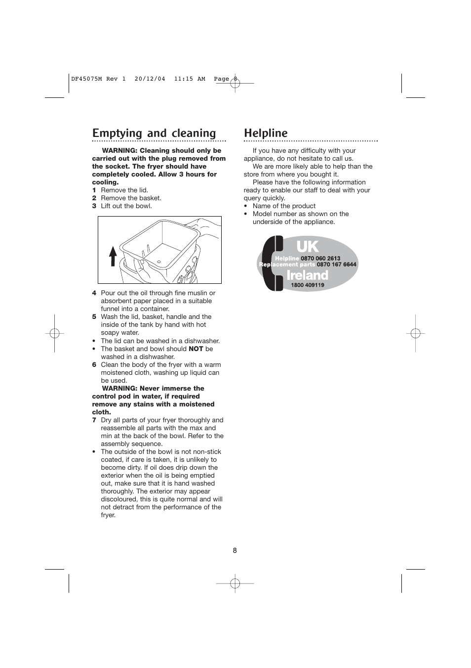 Emptying and cleaning, Helpline | Morphy Richards DF45075M User Manual | Page 8 / 10