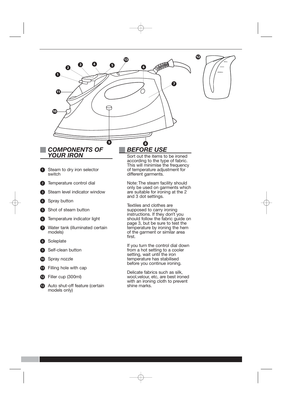 Components of your iron, Before use | Morphy Richards Precise Steam Iron User Manual | Page 4 / 8