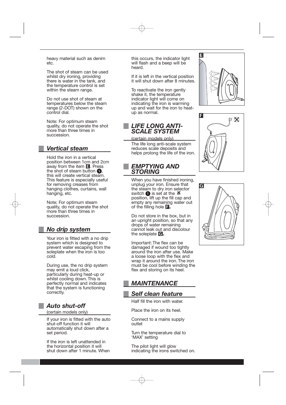 Vertical steam, No drip system, Auto shut-off | Life long anti- scale system, Emptying and storing, Maintenance self clean feature | Morphy Richards Precise Steam Iron User Manual | Page 6 / 8