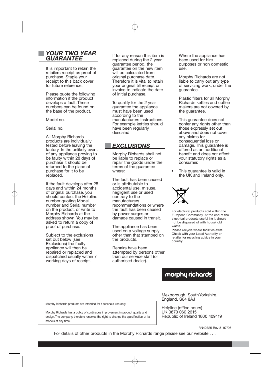 Your two year guarantee, Exclusions | Morphy Richards Precise Steam Iron User Manual | Page 8 / 8