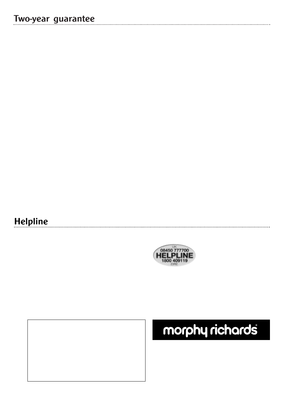 Two-year guarantee, Helpline | Morphy Richards Fastbake breadmaker User Manual | Page 24 / 25