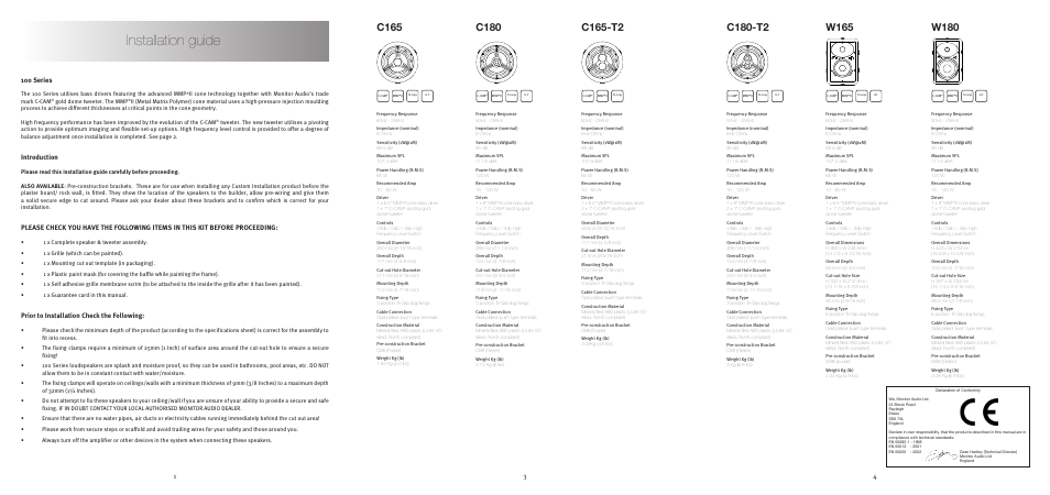Installation guide, C165-t2, C165 | C180, C180-t2, W165, W180, 100 series, Introduction, Prior to installation check the following | Monitor Audio 100 User Manual | Page 2 / 2