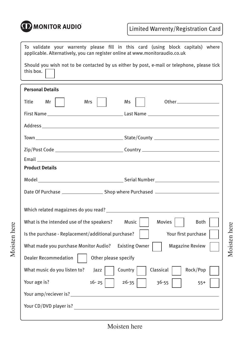 Moisten here, Limited warrenty/registration card | Monitor Audio GS60 User Manual | Page 15 / 16