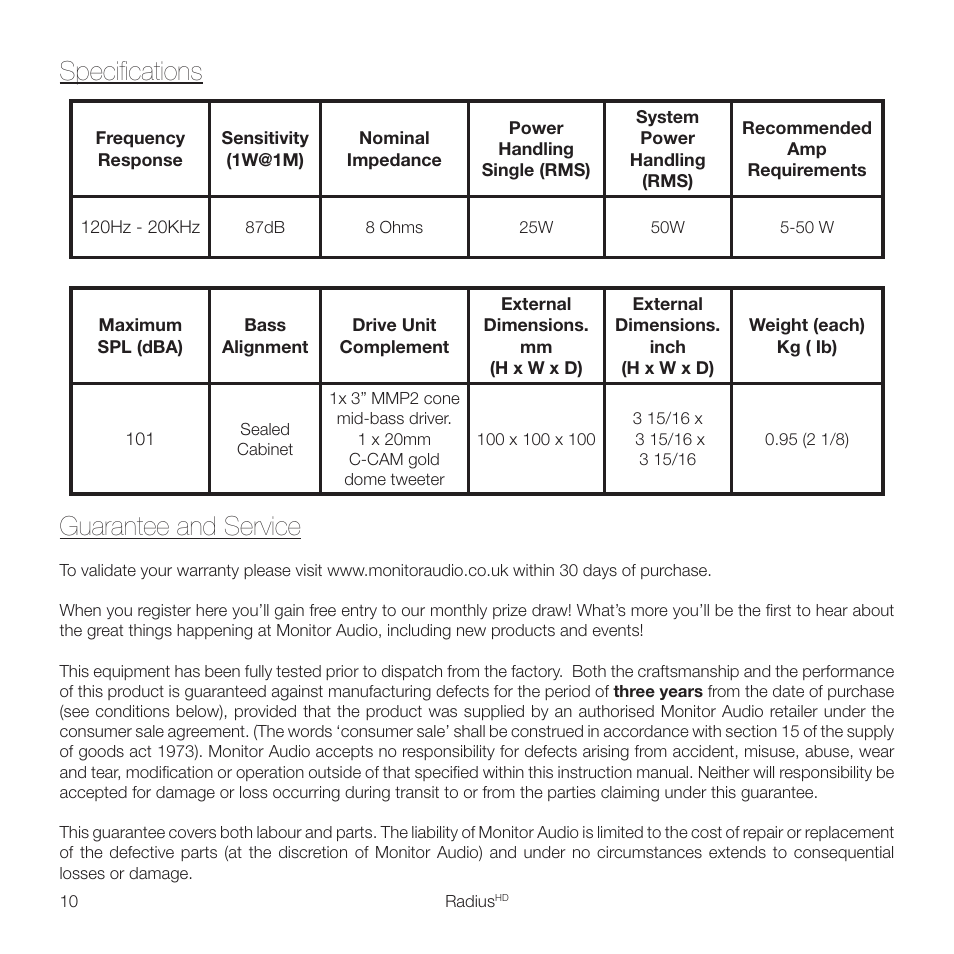 Guarantee and service, Specifications | Monitor Audio RADIUS 45 User Manual | Page 12 / 16