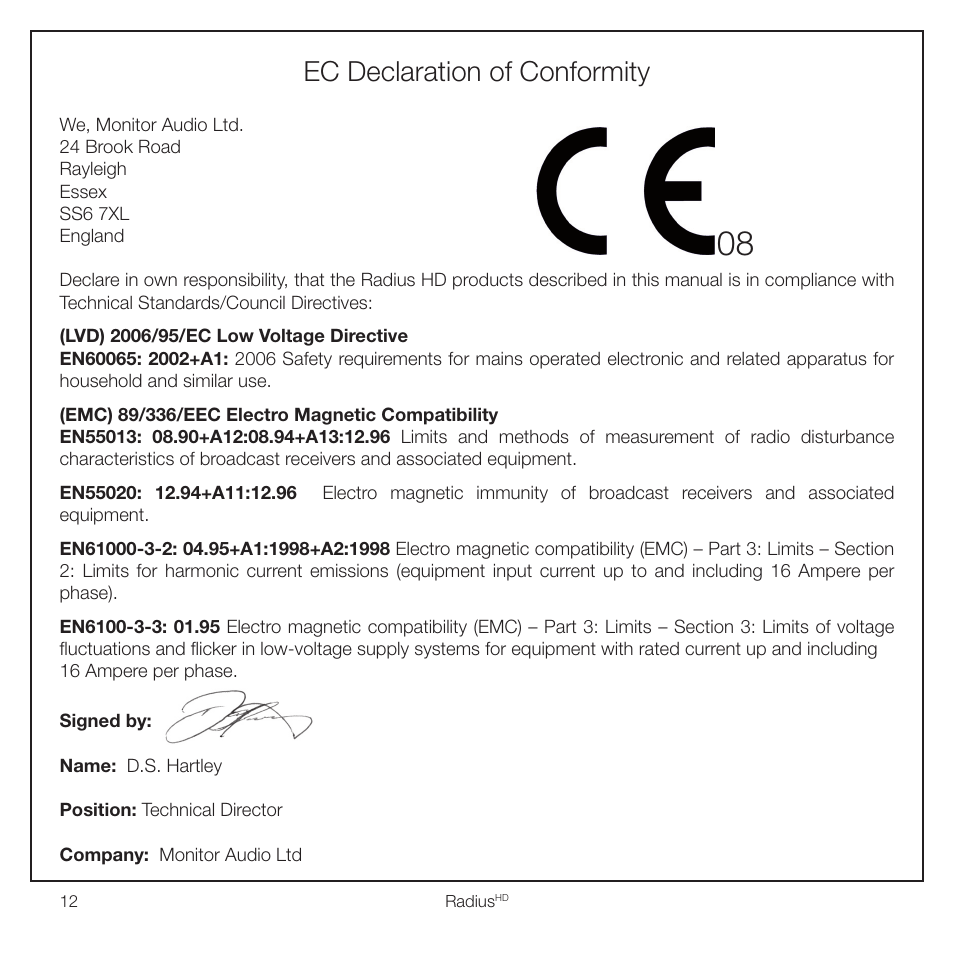 Ec declaration of conformity | Monitor Audio RADIUS 45 User Manual | Page 14 / 16