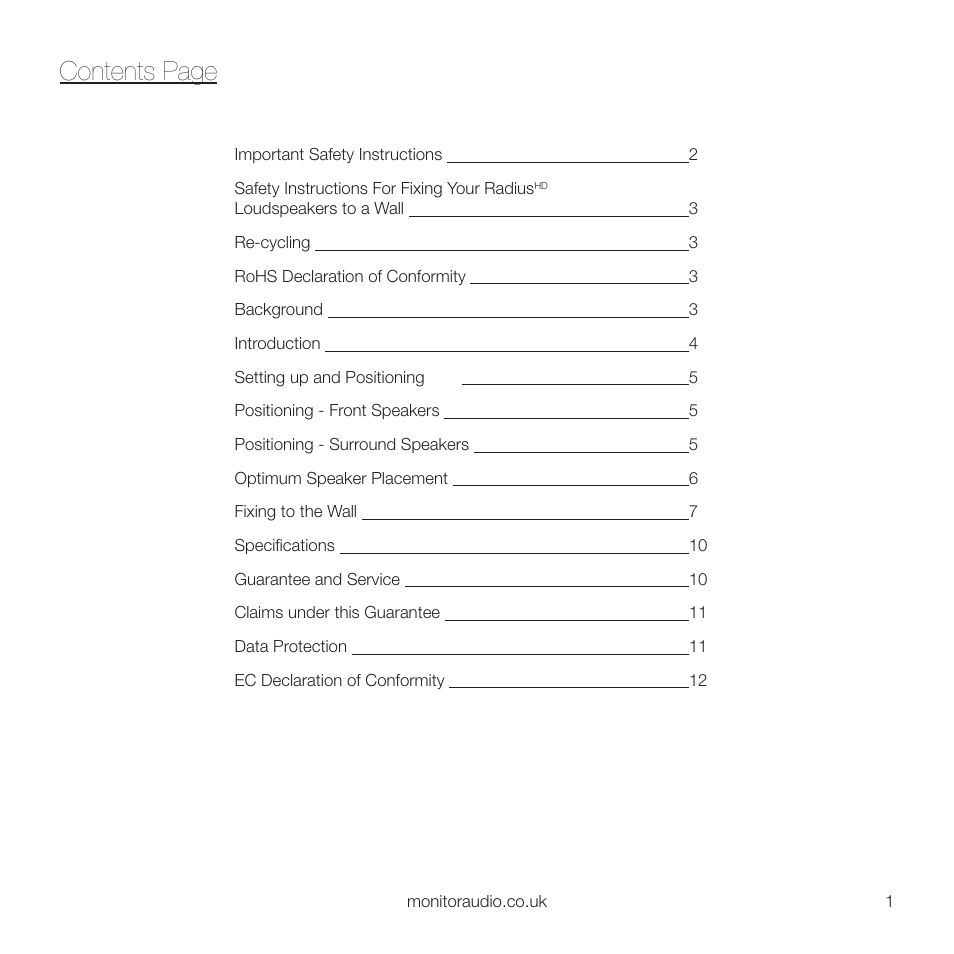 Contents page | Monitor Audio RADIUS 45 User Manual | Page 3 / 16