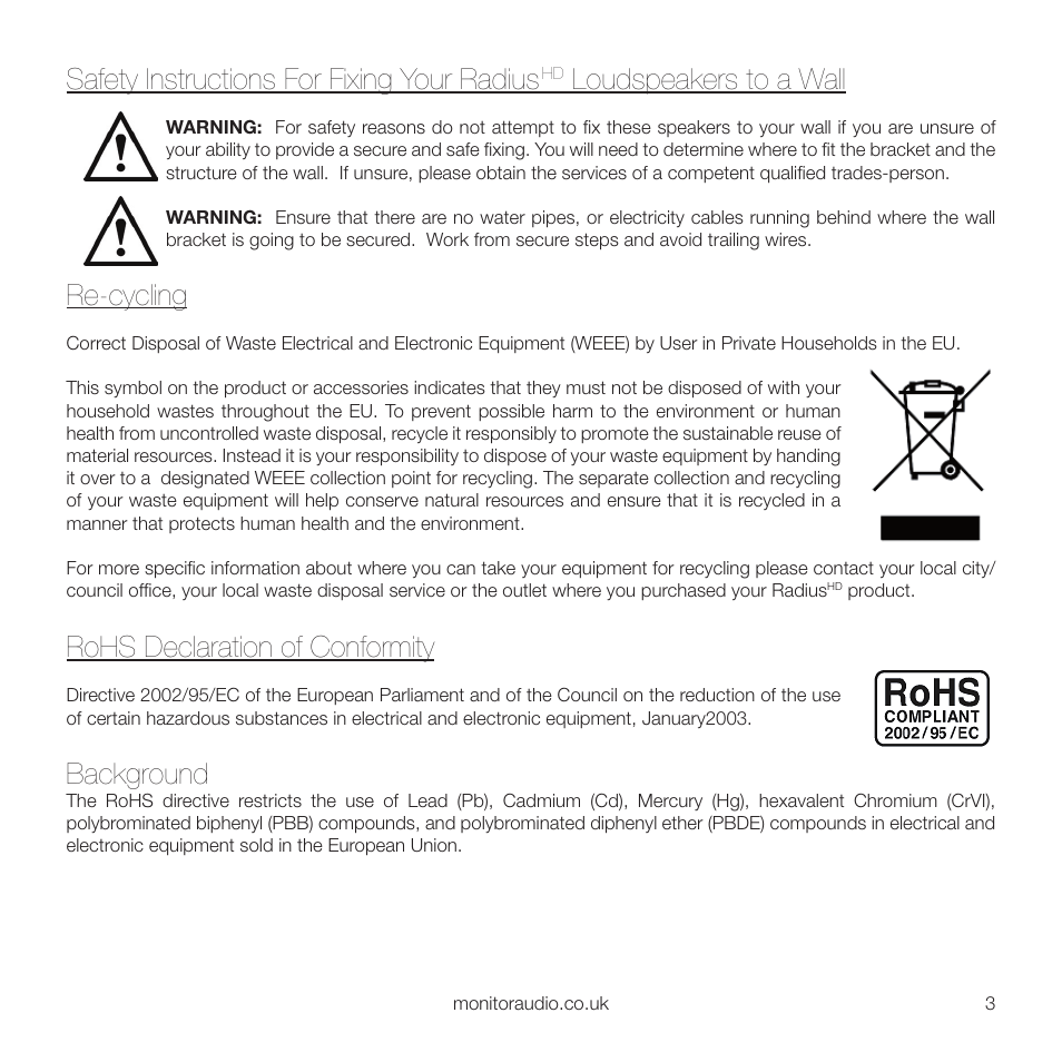 Re-cycling, Rohs declaration of conformity, Background | Monitor Audio RADIUS 45 User Manual | Page 5 / 16