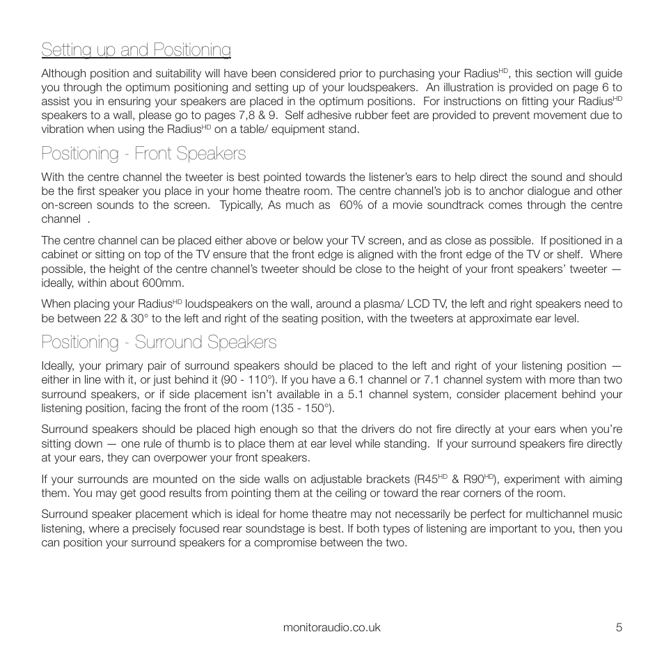 Setting up and positioning, Positioning - front speakers, Positioning - surround speakers | Monitor Audio RADIUS 45 User Manual | Page 7 / 16