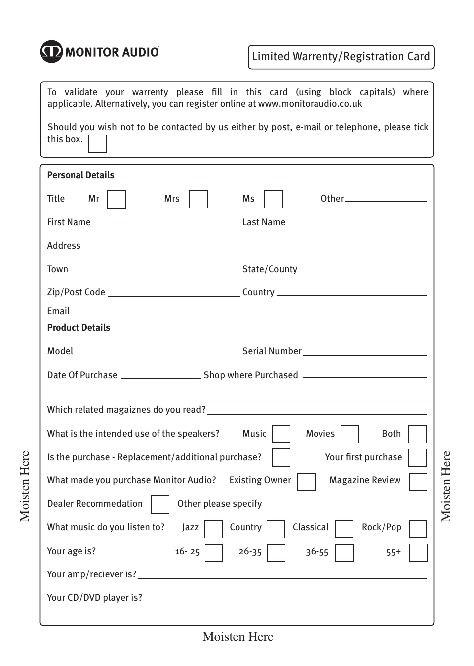 Moisten here, Limited warrenty/registration card | Monitor Audio GOLD SIGNATURE GS FX User Manual | Page 15 / 16