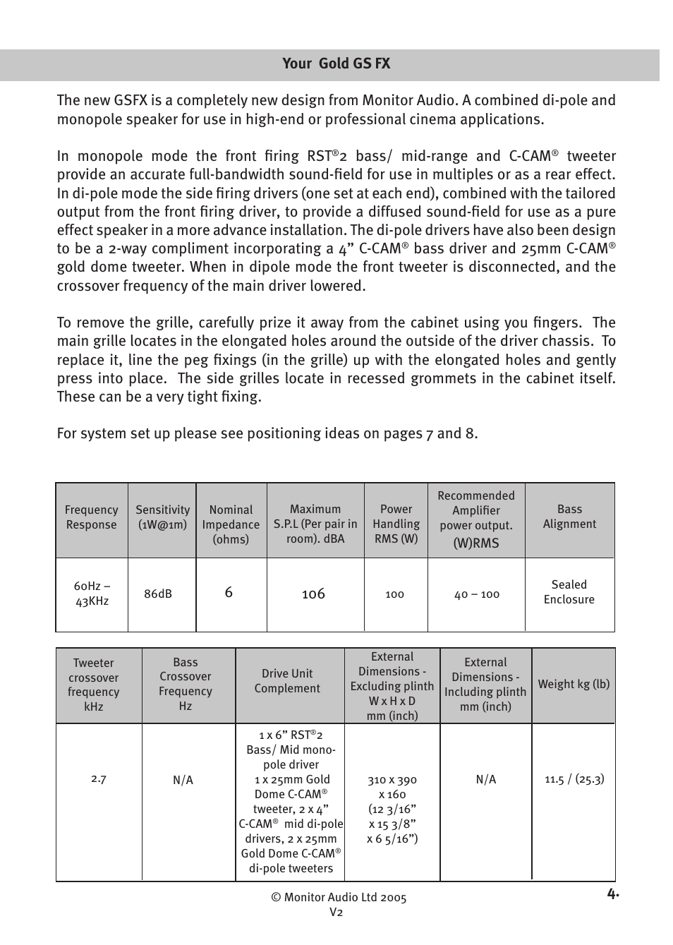 2 bass/ mid-range and c-cam, Bass driver and 25mm c-cam | Monitor Audio GOLD SIGNATURE GS FX User Manual | Page 6 / 16