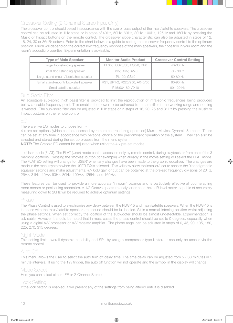 Crossover setting (2 channel stereo input only), Sub-sonic filter, Phase | Night mode, Auto off, Mode select, Lock setting | Monitor Audio PLW-15 User Manual | Page 12 / 20