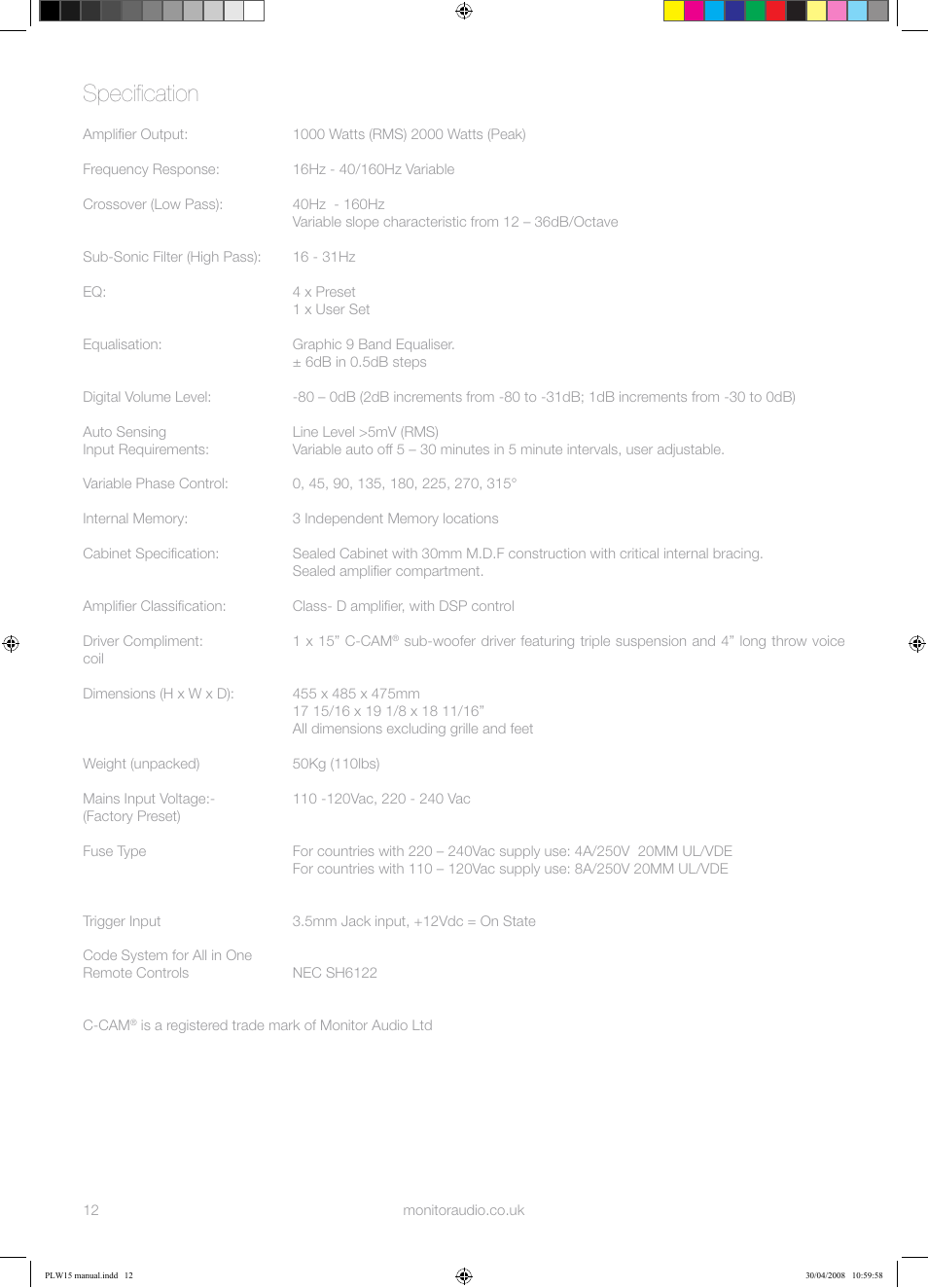 Specification | Monitor Audio PLW-15 User Manual | Page 14 / 20