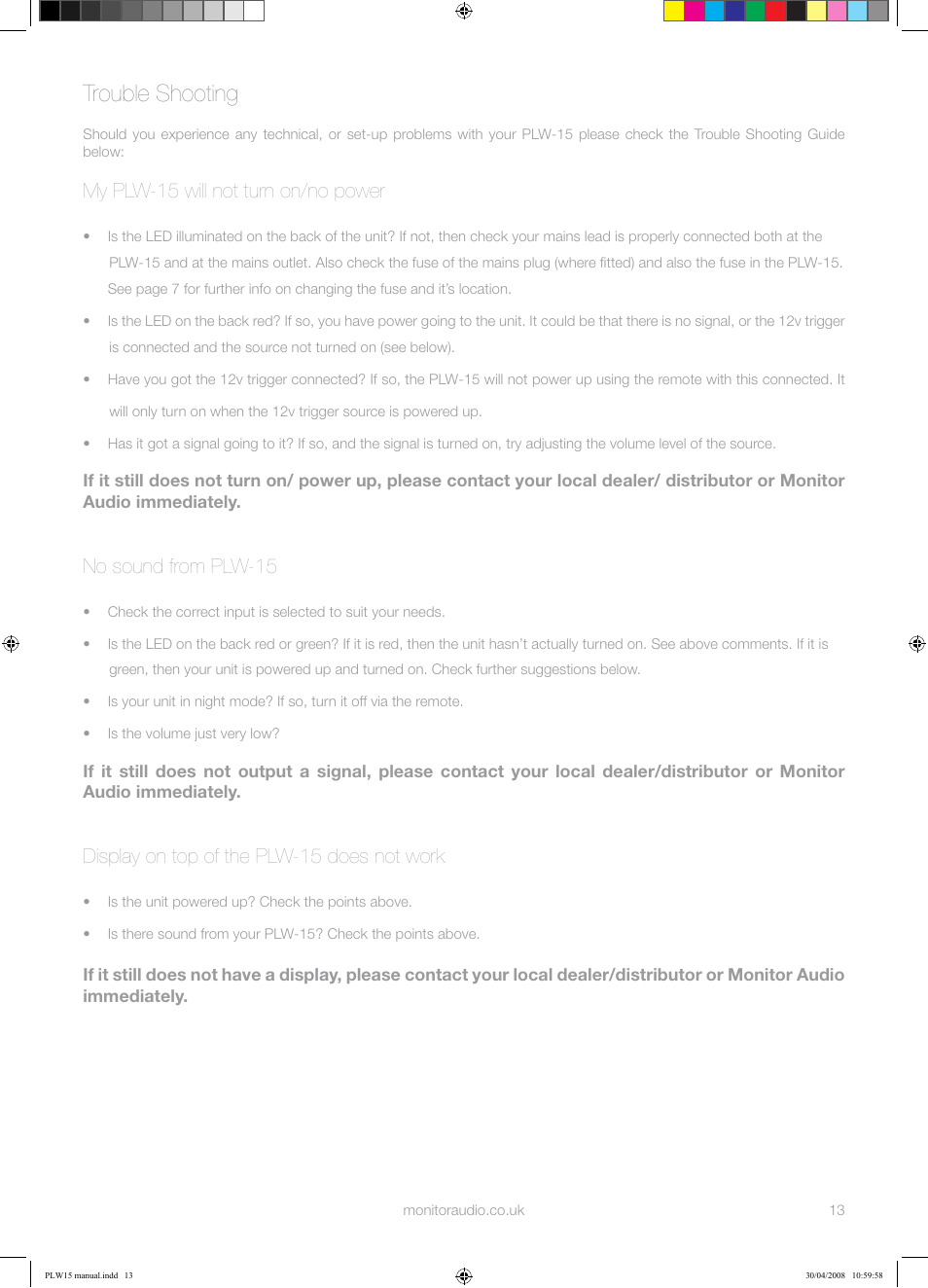 Trouble shooting, My plw-15 will not turn on/no power, No sound from plw-15 | Display on top of the plw-15 does not work | Monitor Audio PLW-15 User Manual | Page 15 / 20