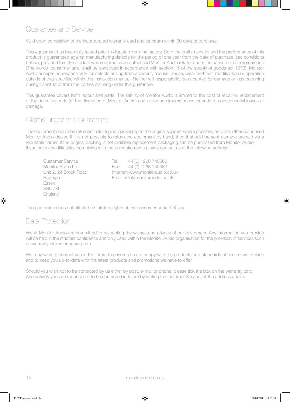 Guarantee and service, Claims under this guarantee, Data protection | Monitor Audio PLW-15 User Manual | Page 16 / 20