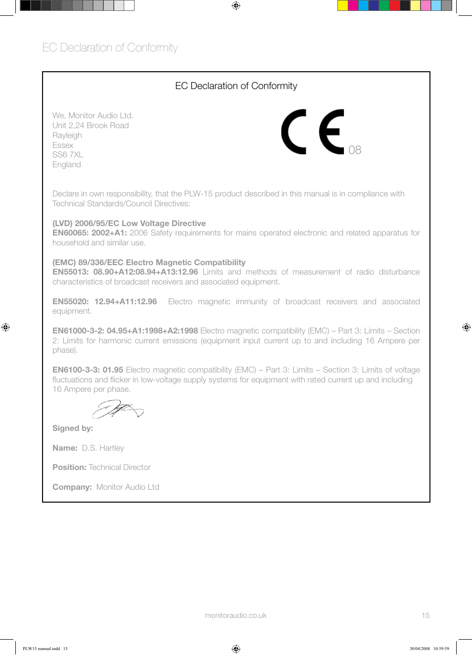 Ec declaration of conformity 08 | Monitor Audio PLW-15 User Manual | Page 17 / 20