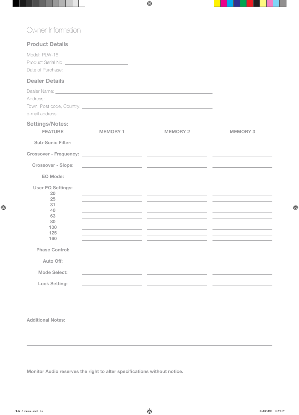 Owner information | Monitor Audio PLW-15 User Manual | Page 18 / 20