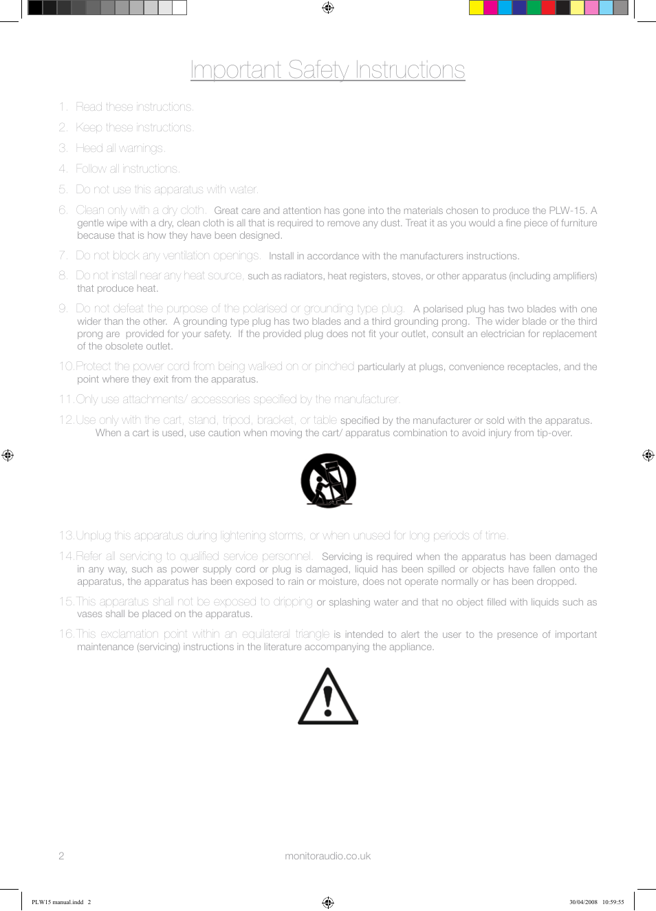 Important safety instructions | Monitor Audio PLW-15 User Manual | Page 4 / 20