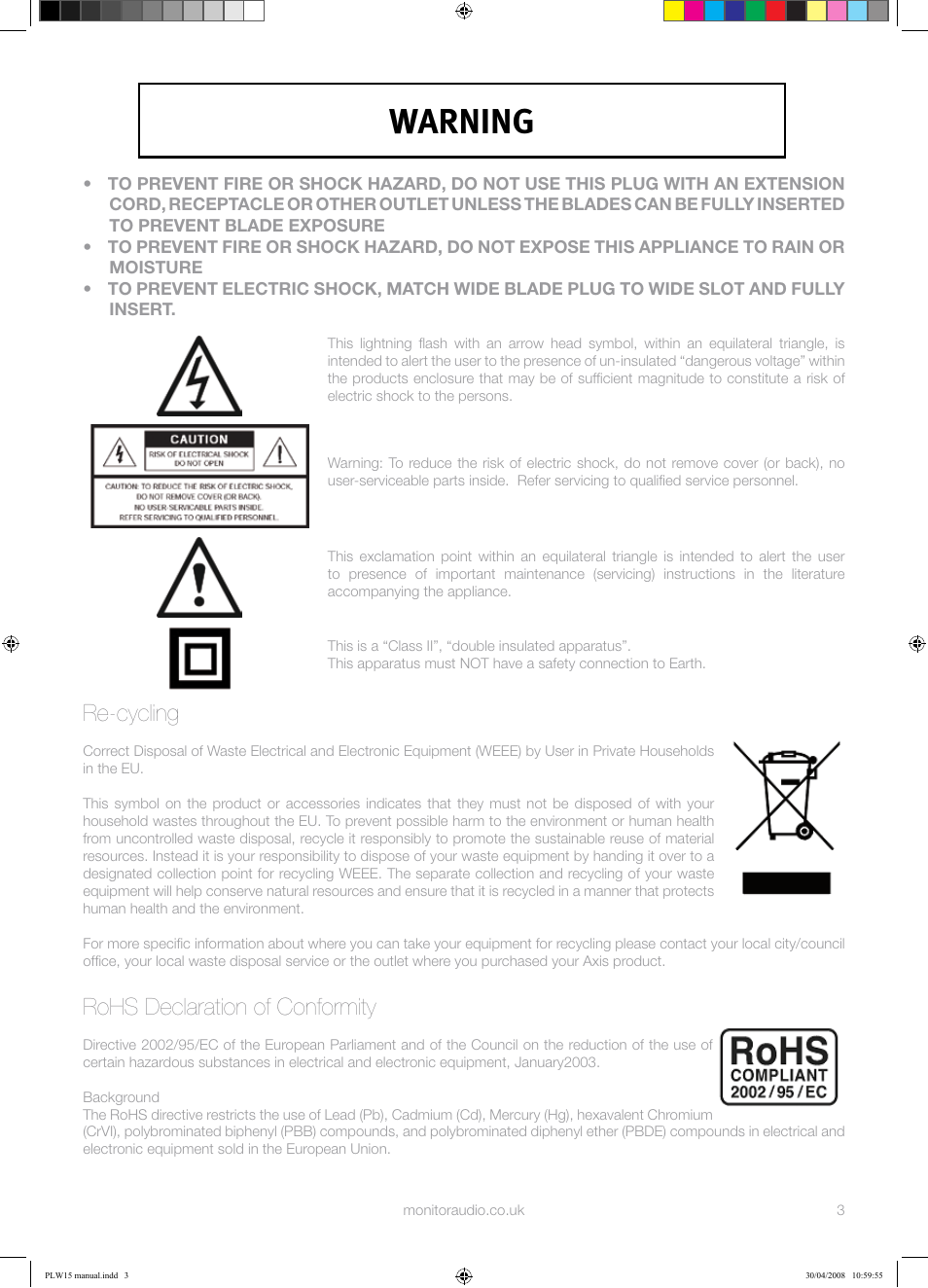 Warning, Re-cycling, Rohs declaration of conformity | Monitor Audio PLW-15 User Manual | Page 5 / 20