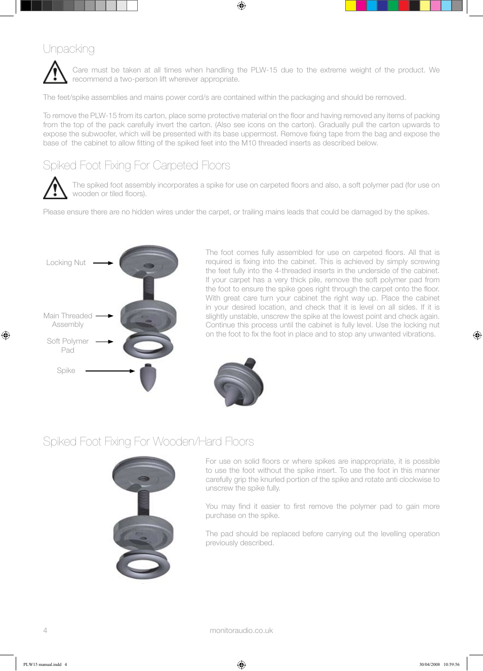Unpacking, Spiked foot fixing for carpeted floors, Spiked foot fixing for wooden/hard floors | Monitor Audio PLW-15 User Manual | Page 6 / 20