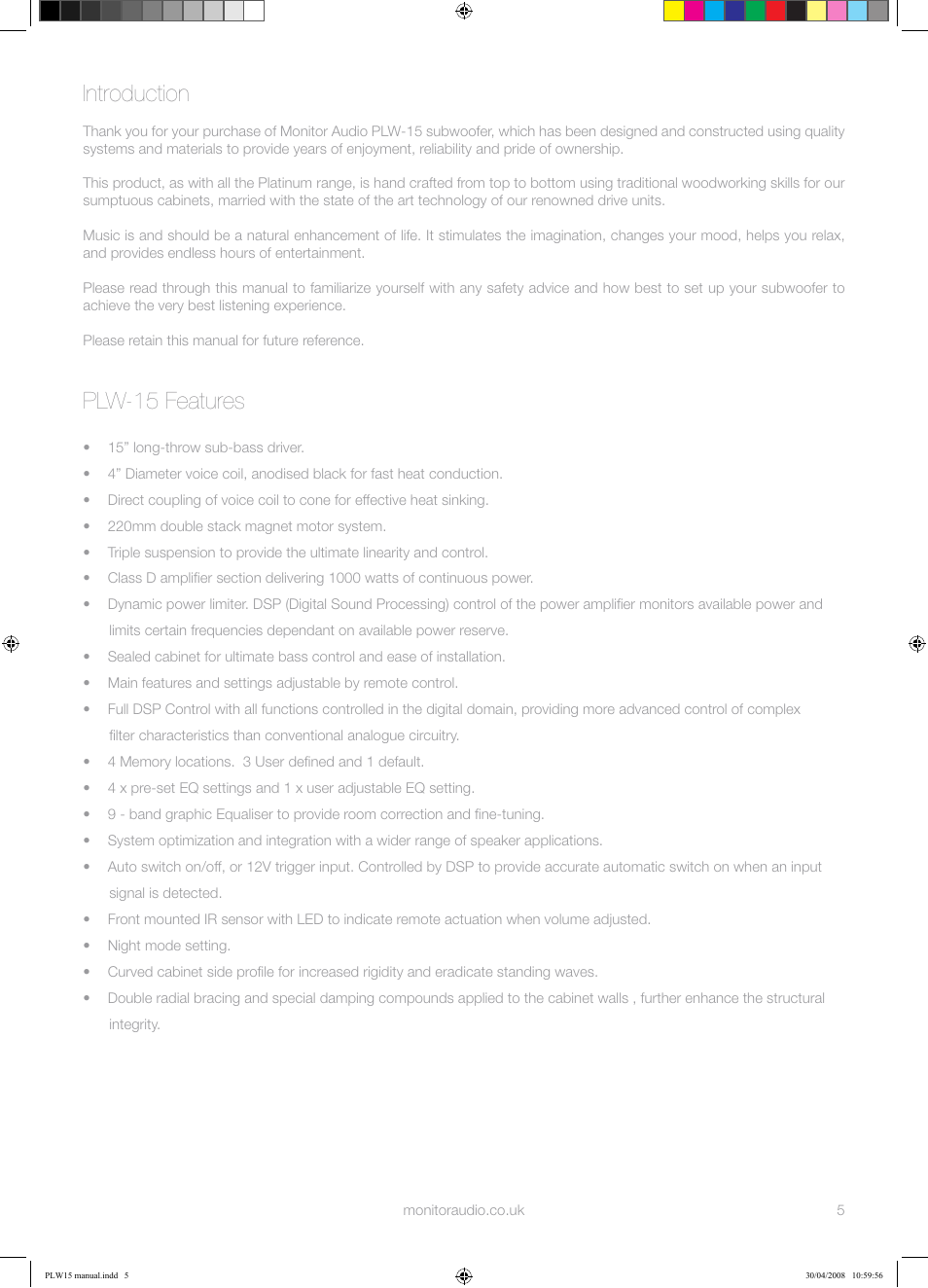 Introduction, Plw-15 features | Monitor Audio PLW-15 User Manual | Page 7 / 20