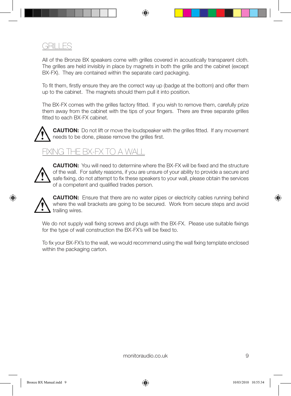 Grilles, Fixing the bx-fx to a wall | Monitor Audio BX Series User Manual | Page 11 / 16